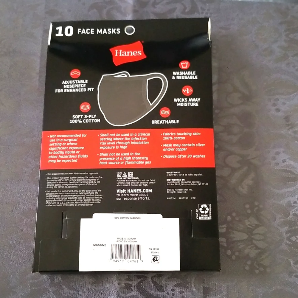 Hanes Face Masks 10 Pack 100% Cotton Adjustable, Breathable and Washable